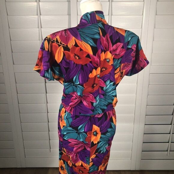 Vintage 80's Tess Dress S Bright Floral Print Blouson Turquoise Purple Sheath - Picture 10 of 12